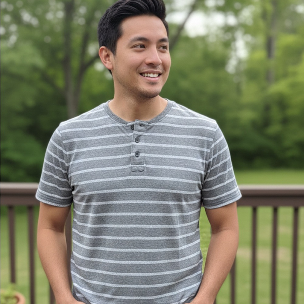 Casual Gray Striped Henley Tee / Large